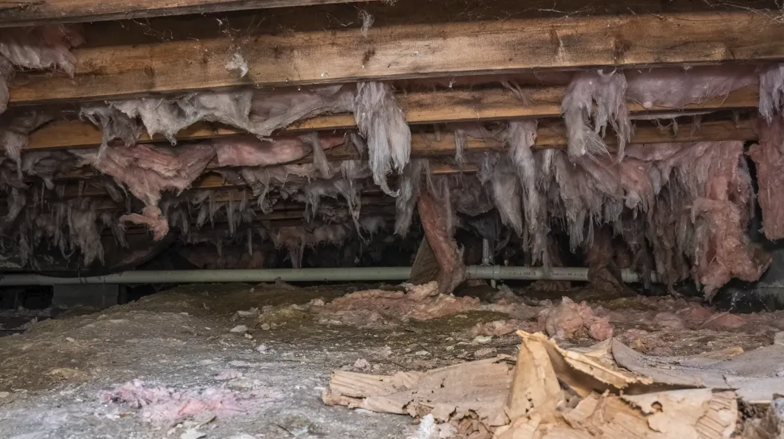 Damaged crawl space insulation under a beam home